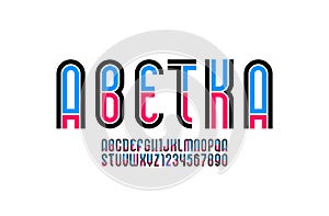 Condensed font, trendy modern multi-colored alphabet, vector letters and numbers