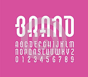 Condensed font, trendy white rounded cutting alphabet, vector letters and numbers