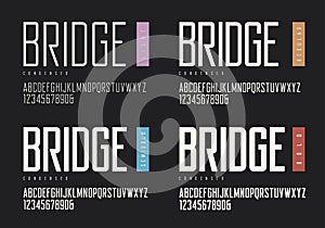 Condensed light regular semibold bold sans serif. Vector typefaces, uppercase alphabet with letters and numbers, font, typography.