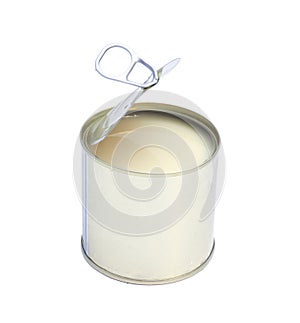 Condensed milk in tin can isolated on white