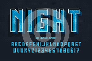 Condensed pixel neon alphabet design, stylized like in 8-bit games.