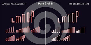 Condensed Red neon font, Angular. Vector set