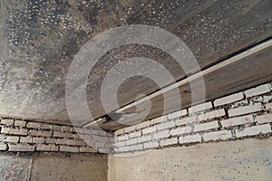 condensed water drops on the basement ceiling - close-up with selective focus