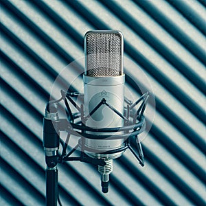 Condenser microphone on foam background, studio recording equipment