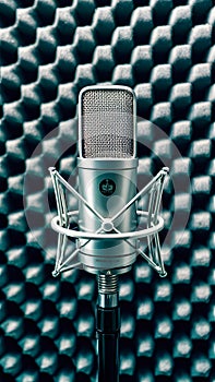 Condenser microphone on foam background, studio recording equipment