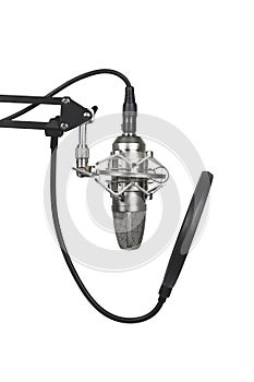 Condenser microphone with pop filter isolated on white