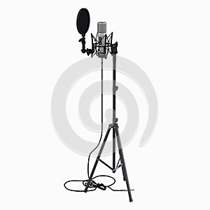 A condenser microphone with stand isolated on white. 3D illustration