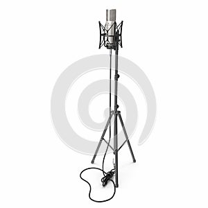 A condenser microphone with stand isolated on white. 3D illustration