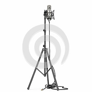 A condenser microphone with stand isolated on white. 3D illustration