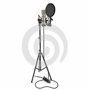 A condenser microphone with stand isolated on white. 3D illustration