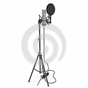 A condenser microphone with stand isolated on white. 3D illustration