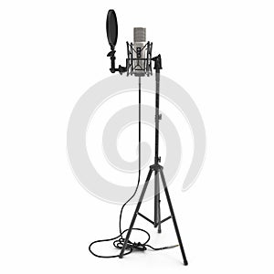 A condenser microphone with stand isolated on white. 3D illustration