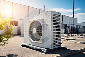 Condenser unit or compressor outside factory plant. Unit of ac air conditioner, heating ventilation or hvac air conditioning