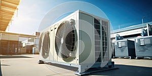 Condenser unit or compressor outside factory plant. Unit of ac air conditioner, heating ventilation or hvac air conditioning