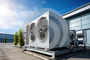 Condenser unit or compressor outside factory plant. Unit of ac air conditioner, heating ventilation or hvac air conditioning