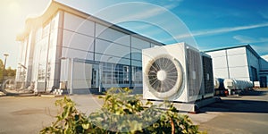 Condenser unit or compressor outside factory plant. Unit of ac air conditioner, heating ventilation or hvac air conditioning