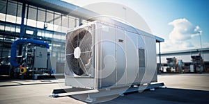 Condenser unit or compressor outside factory plant. Unit of ac air conditioner, heating ventilation or hvac air conditioning