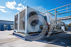 Condenser unit or compressor outside factory plant. Unit of ac air conditioner, heating ventilation or hvac air conditioning