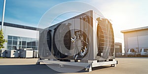 Condenser unit or compressor outside factory plant. Unit of ac air conditioner, heating ventilation or hvac air conditioning