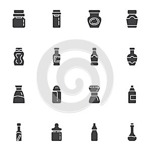 Condiment bottles vector icons set