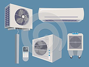 Conditioner set. Air condition wind system ventilation vector cartoon collection home smart items