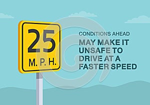 Conditions ahead may make it unsafe to drive at a faster speed road sign. Close-up view.