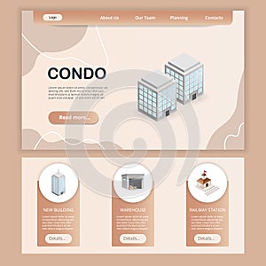 Condo flat landing page website template. New building, warehouse, railway station. Web banner with header, content and