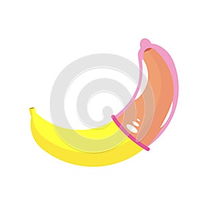 Condom on a banana. Contraception, sex education banner