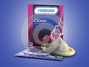 Condom pack 3d render on a blue background