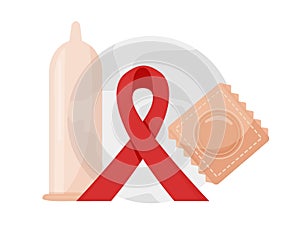 Condom and red ribbon Symbol of World AIDS Day. Attributes on the background of the globe.