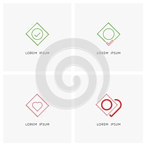 Condom symbol set with checkmark and heart