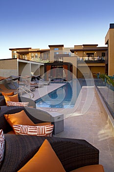 Condominium homes outdoor plaza patio and pool