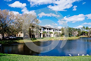 Condos or apartments and a small pond