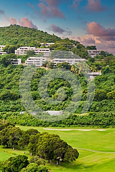 Condos Over Tropical Golf Course at Dusk