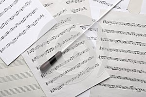 Conductor`s baton on sheet music, top view photo