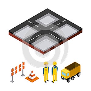 cone barrier constructer truck street icon. Isometric design. Ve