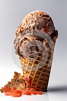 Cone with chocolate ice cream on white background