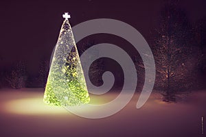 Cone Green Christmas tree at night. Xmas tree as a symbol of Christmas of the birth of the Savior