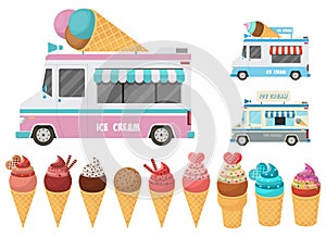 Cone ice cream and ice cream car clipart vector design illustration. Ice cream set. Vector Clipart Print