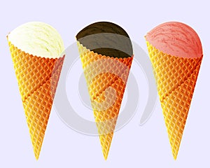 Cone ice cream icon set. Colorful ice-cream. White, pink and brown Isolated object. Natural food. Textured wafers