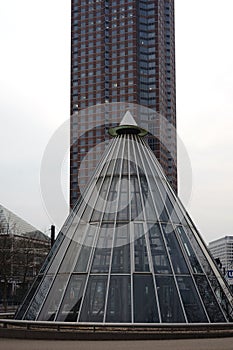 Cone-like elevator hood in front of the Trade fair Tower