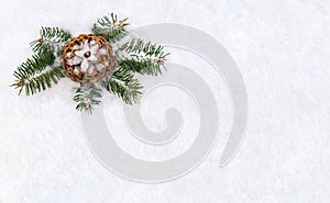 Cone pine, twigs christmas tree on snow with space for text. Top view, flat lay. Christmas decoration