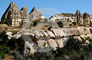 Cone-shaped mountains in the Zemi Valley near the town of Goreme in Cappadocia, Turkey