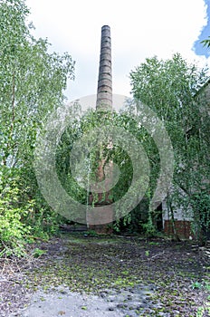 Cone-shaped tower in the forest. Chimney. Big and high chimney.