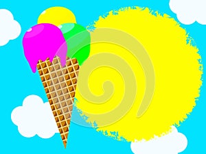 Cone with three ice cream scoops on blue sky background with clouds