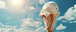 Cone of vanilla ice-cream on blue sky background. Horizontal banner for summer stories