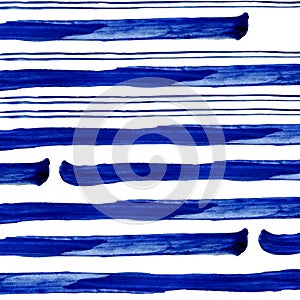 Conecte and thick blue stripes of watercolor paint on white background