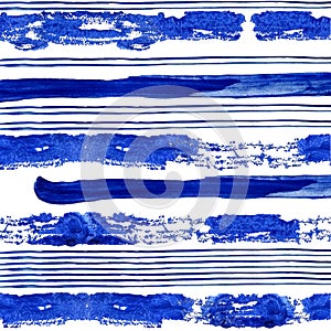Conecte and thick blue stripes of watercolor paint on white background