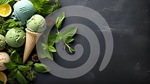 Cones of basil ice cream with basil leaves around. Homemade green ice cream with basil and mint on dark grey background. Summer