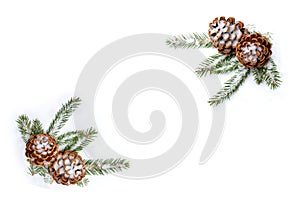 Cones pine and branch christmas tree on snow on white background with space for text. Flat lay